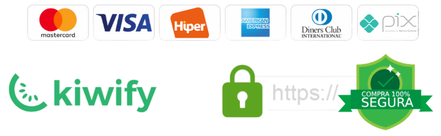 Bandeiras de pagamento, Pix e plataforma Kiwify